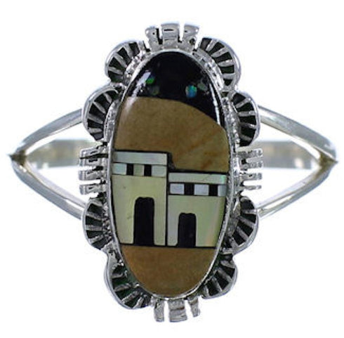 Silver Multicolor Pueblo Design Ring Size 7-1/4 TX41354
